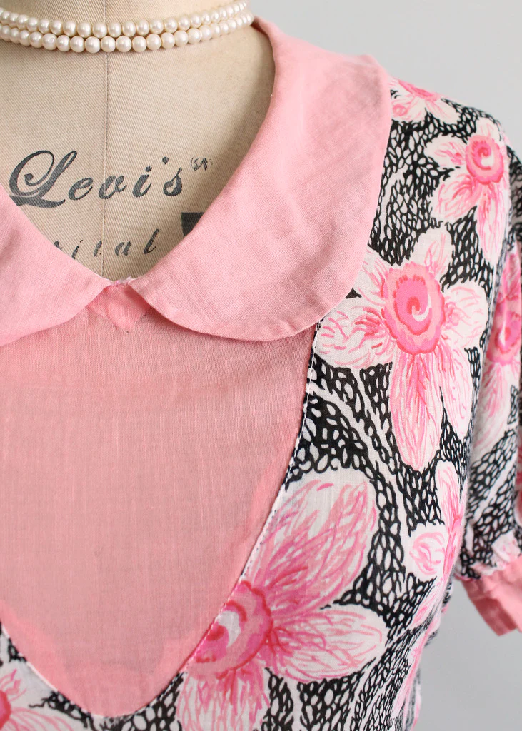 Vintage 1930s Pink and Black Floral Peplum Dress - Image 3