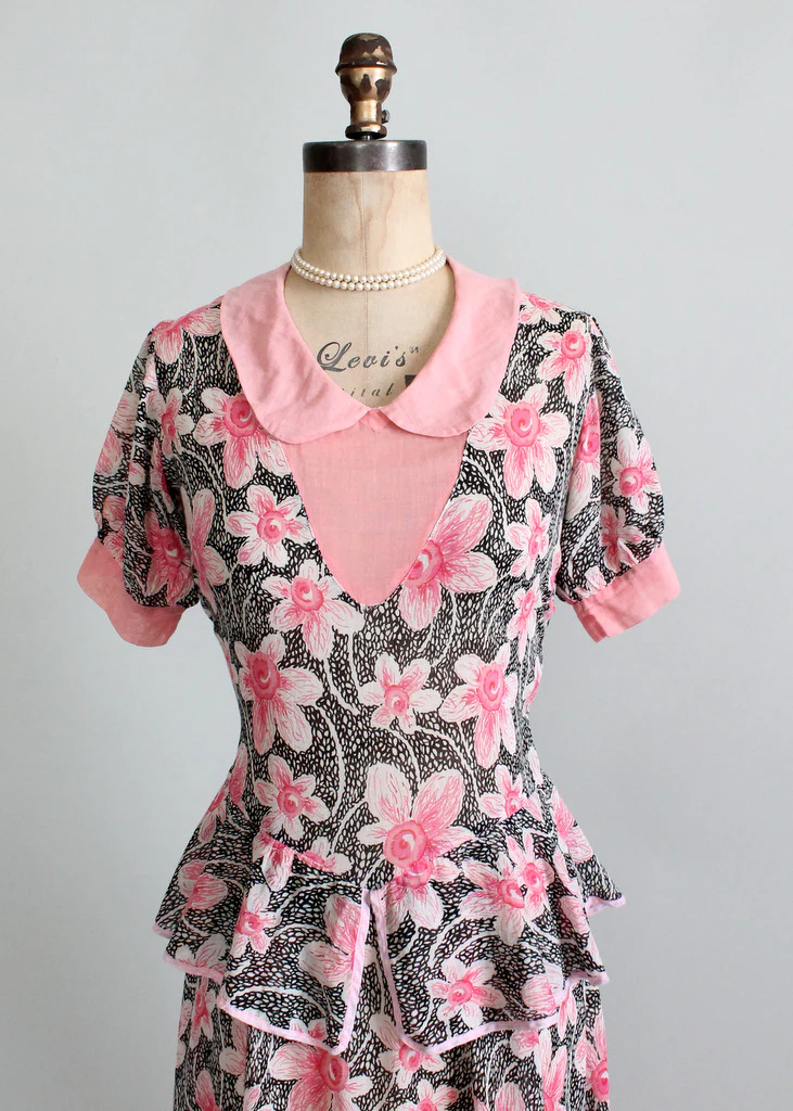 Vintage 1930s Pink and Black Floral Peplum Dress - Image 4