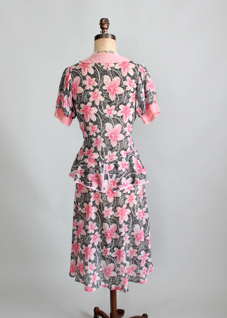 Vintage 1930s Pink and Black Floral Peplum Dress - Image 6