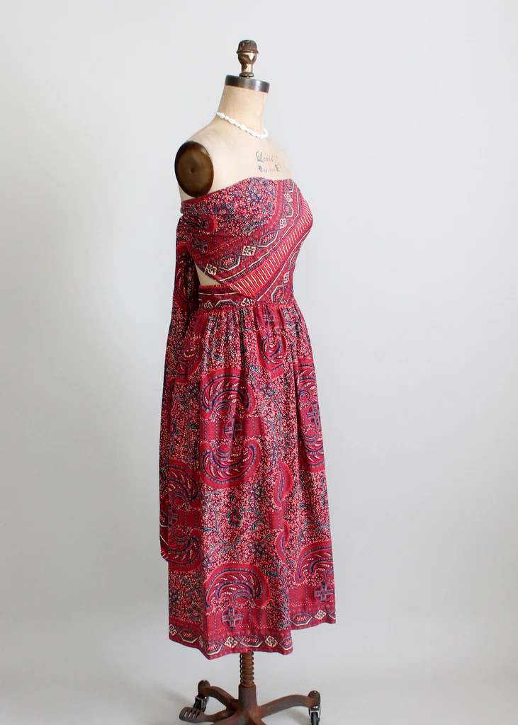 Vintage 1940s Tiki Print Strapless Sundress with Tie Back - Image 3
