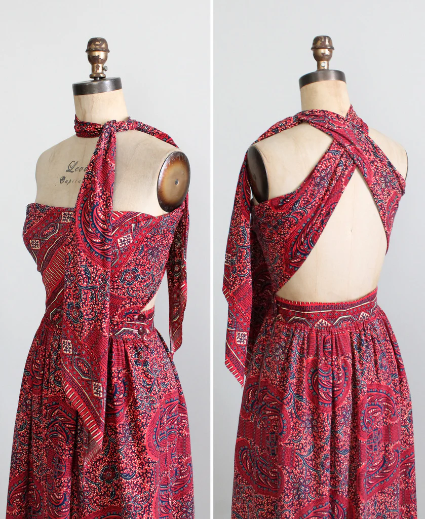 Vintage 1940s Tiki Print Strapless Sundress with Tie Back - Image 6