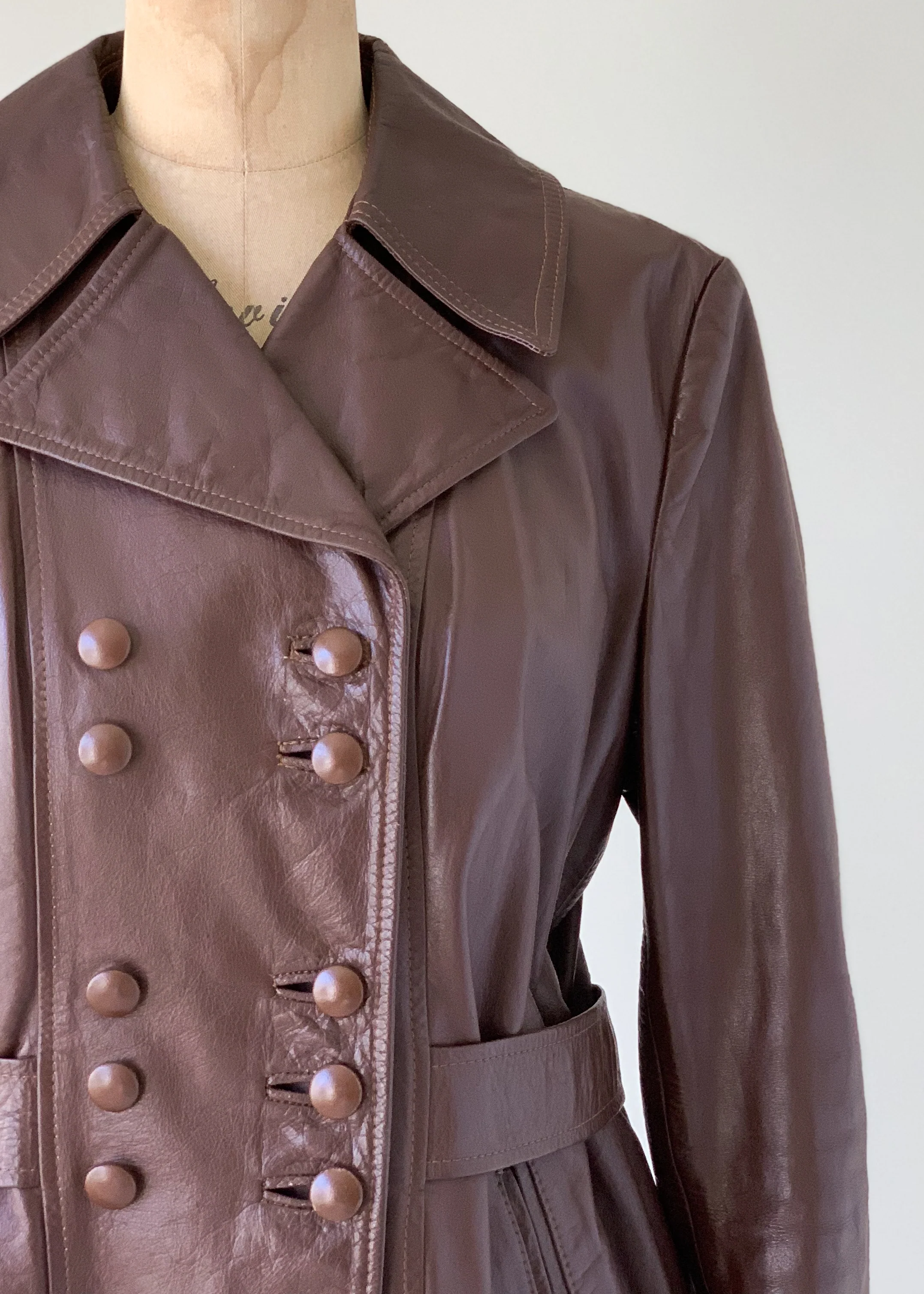 Vintage 1960s Leather Car Length Trench Coat - Image 3