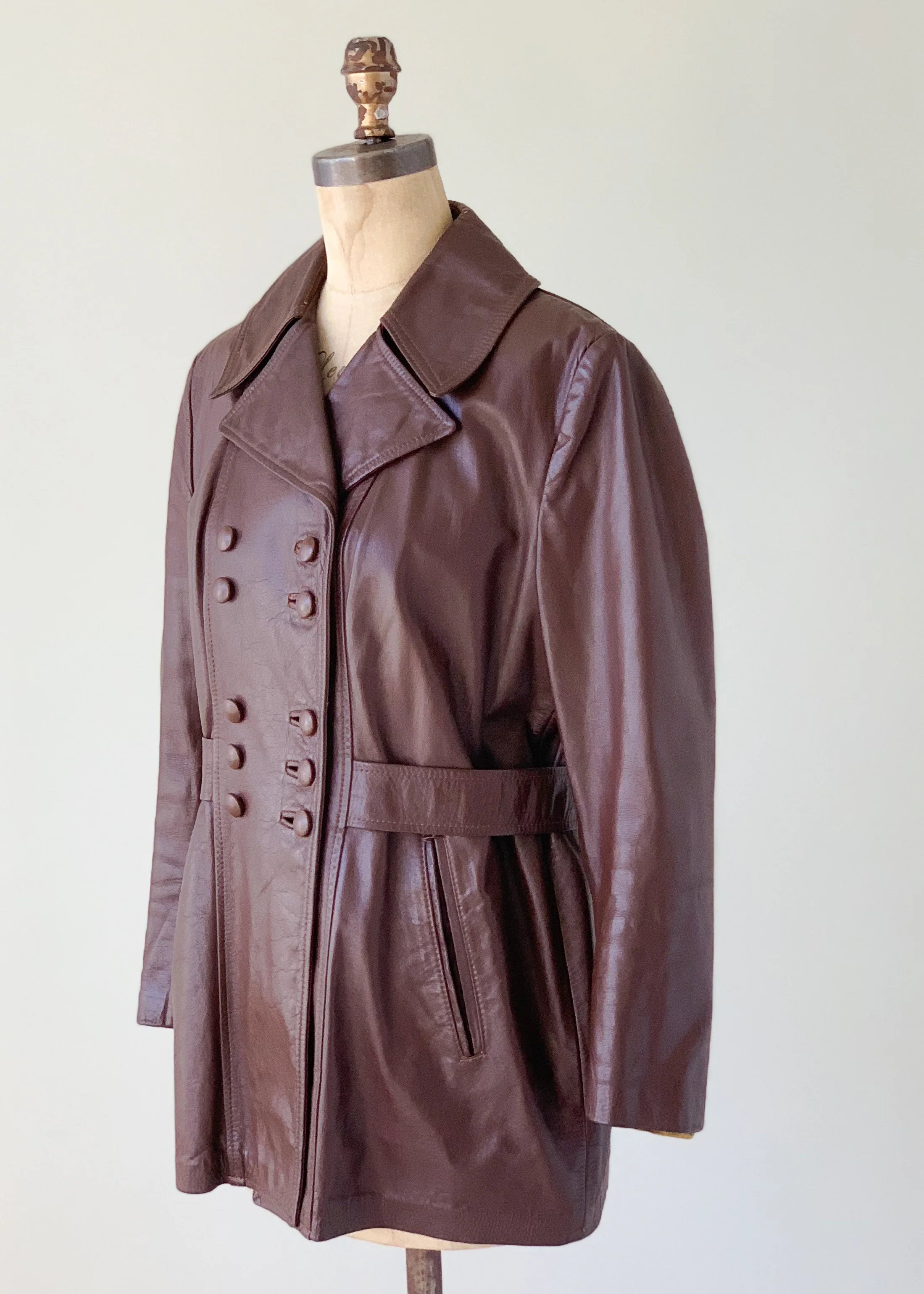 Vintage 1960s Leather Car Length Trench Coat - Image 4